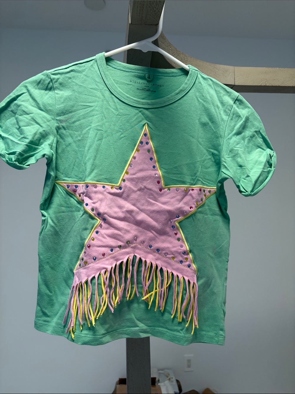 Stella McCartney Kids Mint Green Tee with Pink Star Fringe